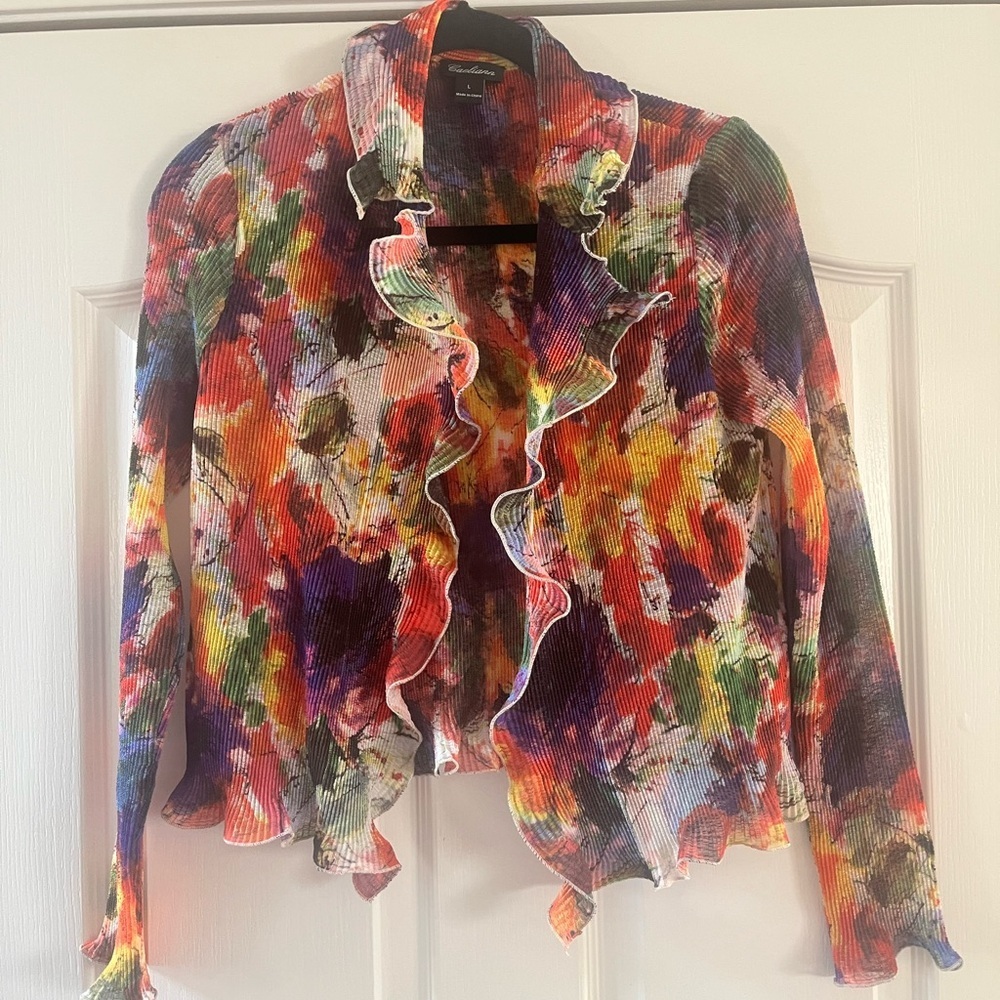 Colorful Floral Midi Dress with Ruffled Cardigan - Picture 5 of 7